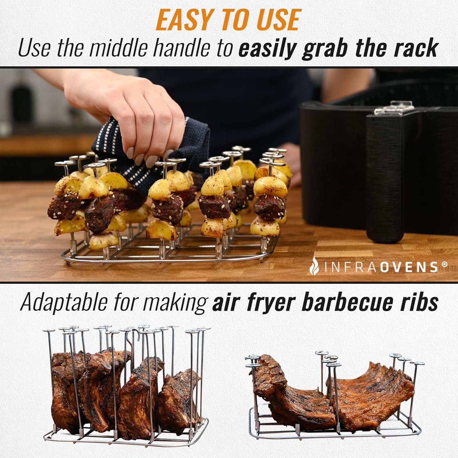 INFRAOVENS Air Fryer Rack for Chefman Multifunctional Digital Air Fryer XL 10 L, Stainless Steel Accessories for RJ38-1 Airfryer Skewer Stand and Rib BBQ Rack with Silicone Liner - Image 4