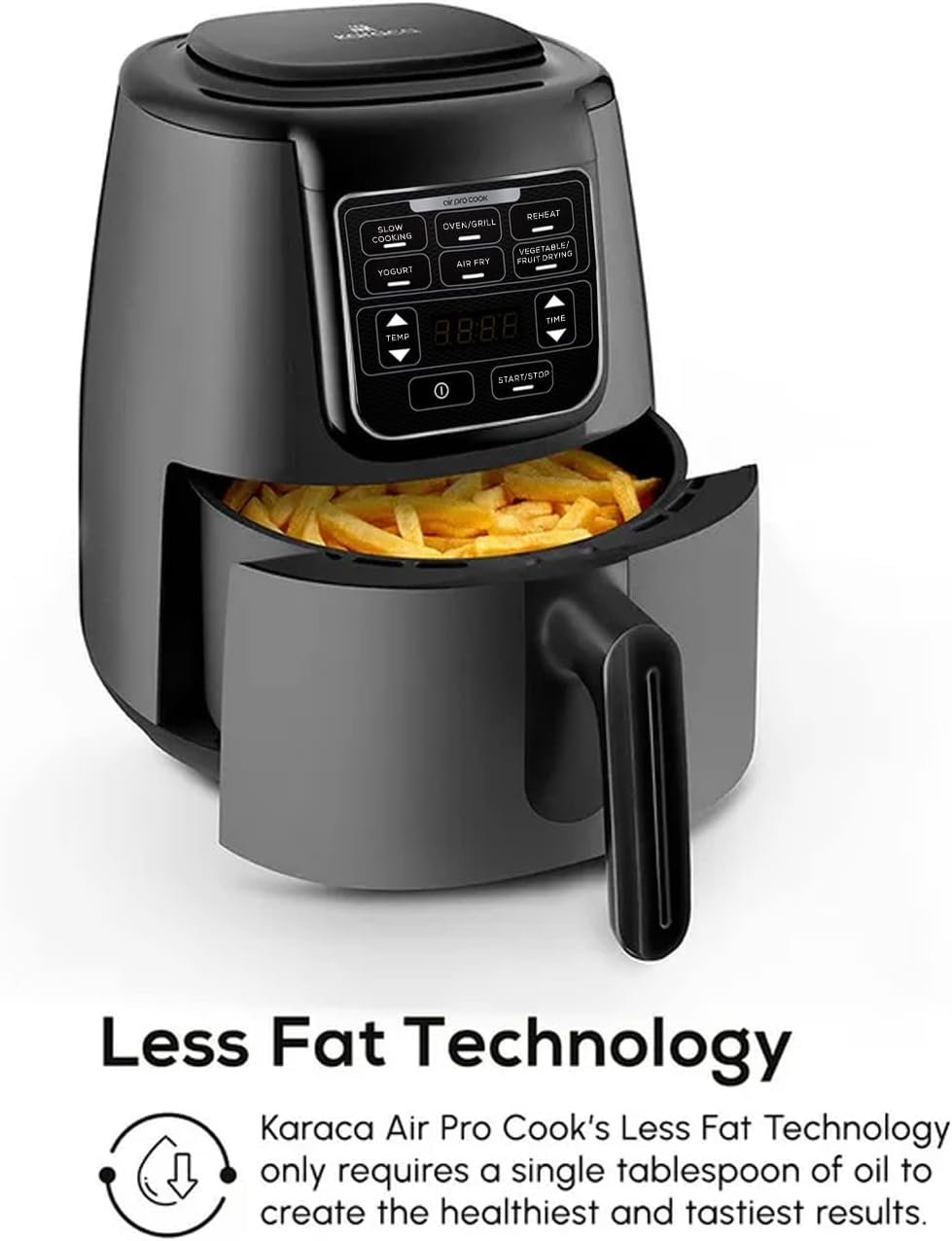 Karaca Air Cook XL 2 in1 Digital Airfryer for 4 People, 4L - Instant, Compact & 6 Cooking Functions, Single Drawer - Circulation Air Tech - Less Fat Technology - 1550W, Space Grey - Image 4