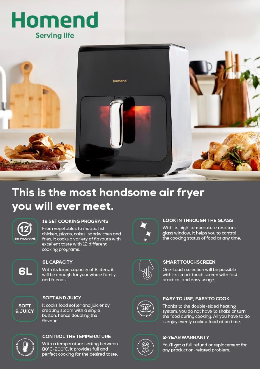 Homend Airfryday 6L Digital Air Fryer Oven with Steam Function & Glass Window, 12-in-1 Dual Heating Cooker for Oil-Free Healthy Cooking, Family Size Electric Airfryer with Touchscreen Presets - Image 4