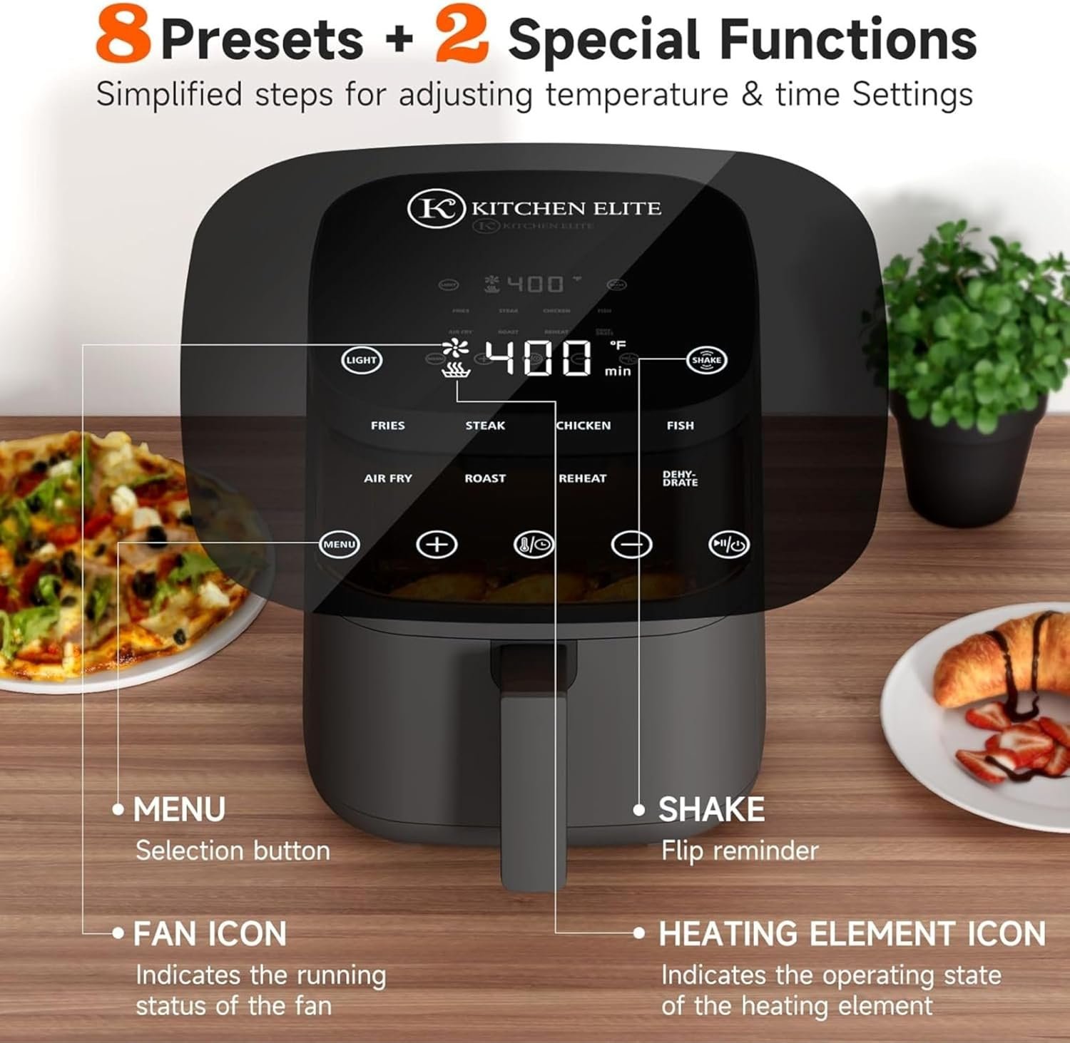 Air Fryer with 4QT Viewing Window, 8 Preset Digital Panels, Saving Area, Vibration Reminder and Light, -52°F Precision Control, Non-Stick and Dishwasher Safe, 1550W, Grey, Kitchen - Image 5