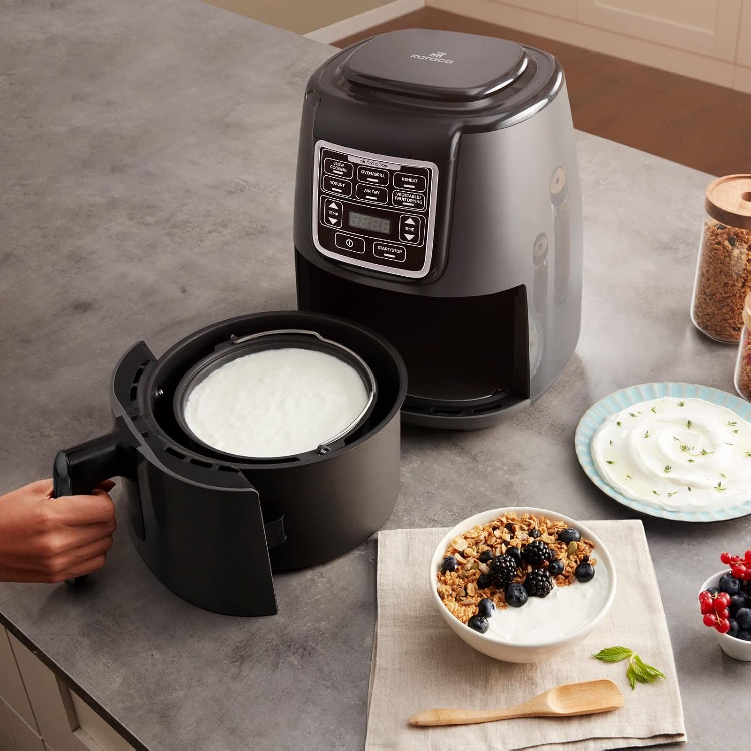 Karaca Air Cook XL 2 in1 Digital Airfryer for 4 People, 4L - Instant, Compact & 6 Cooking Functions, Single Drawer - Circulation Air Tech - Less Fat Technology - 1550W, Space Grey - Image 7