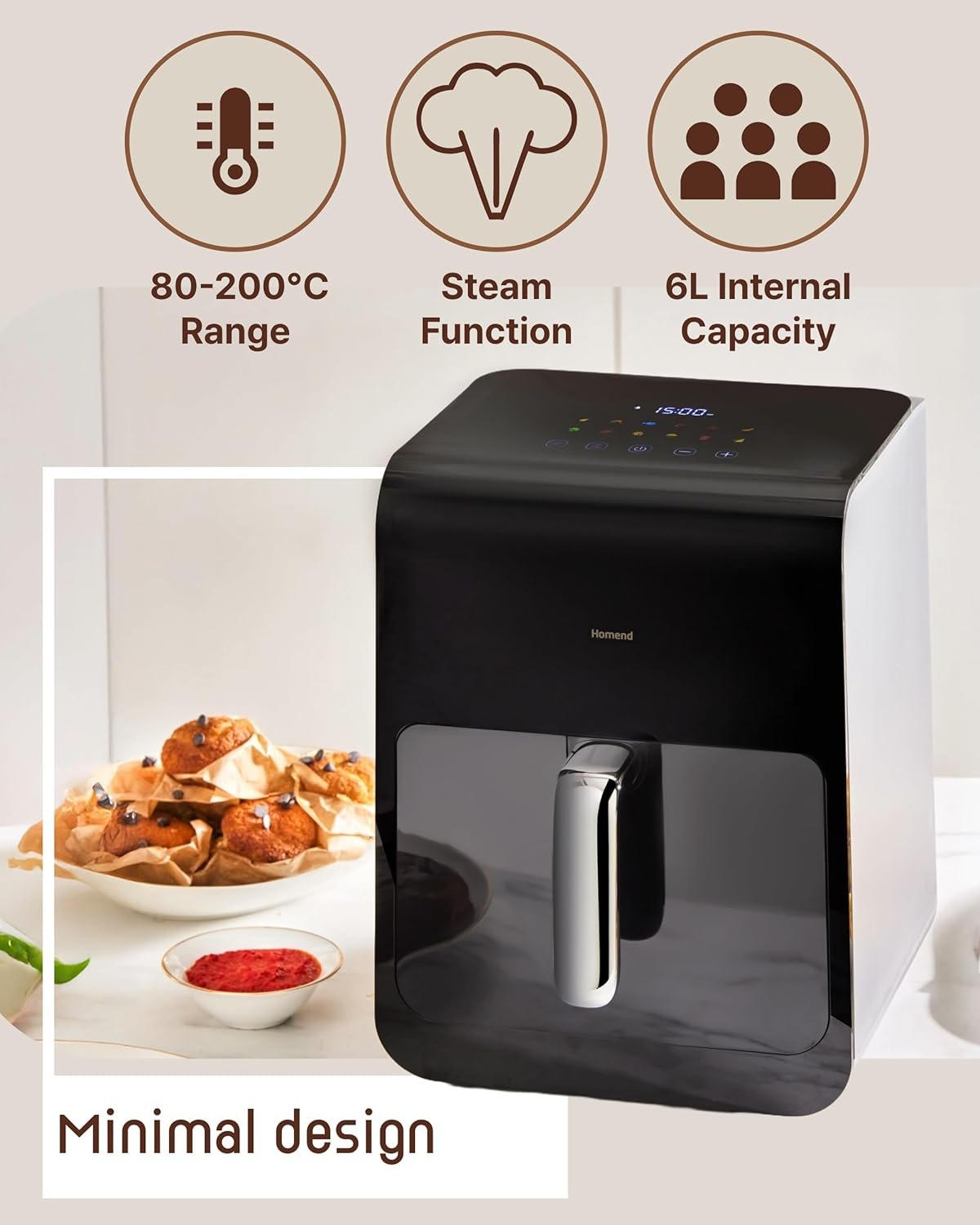 Homend Airfryday 6L Digital Air Fryer Oven with Steam Function & Glass Window, 12-in-1 Dual Heating Cooker for Oil-Free Healthy Cooking, Family Size Electric Airfryer with Touchscreen Presets - Image 3
