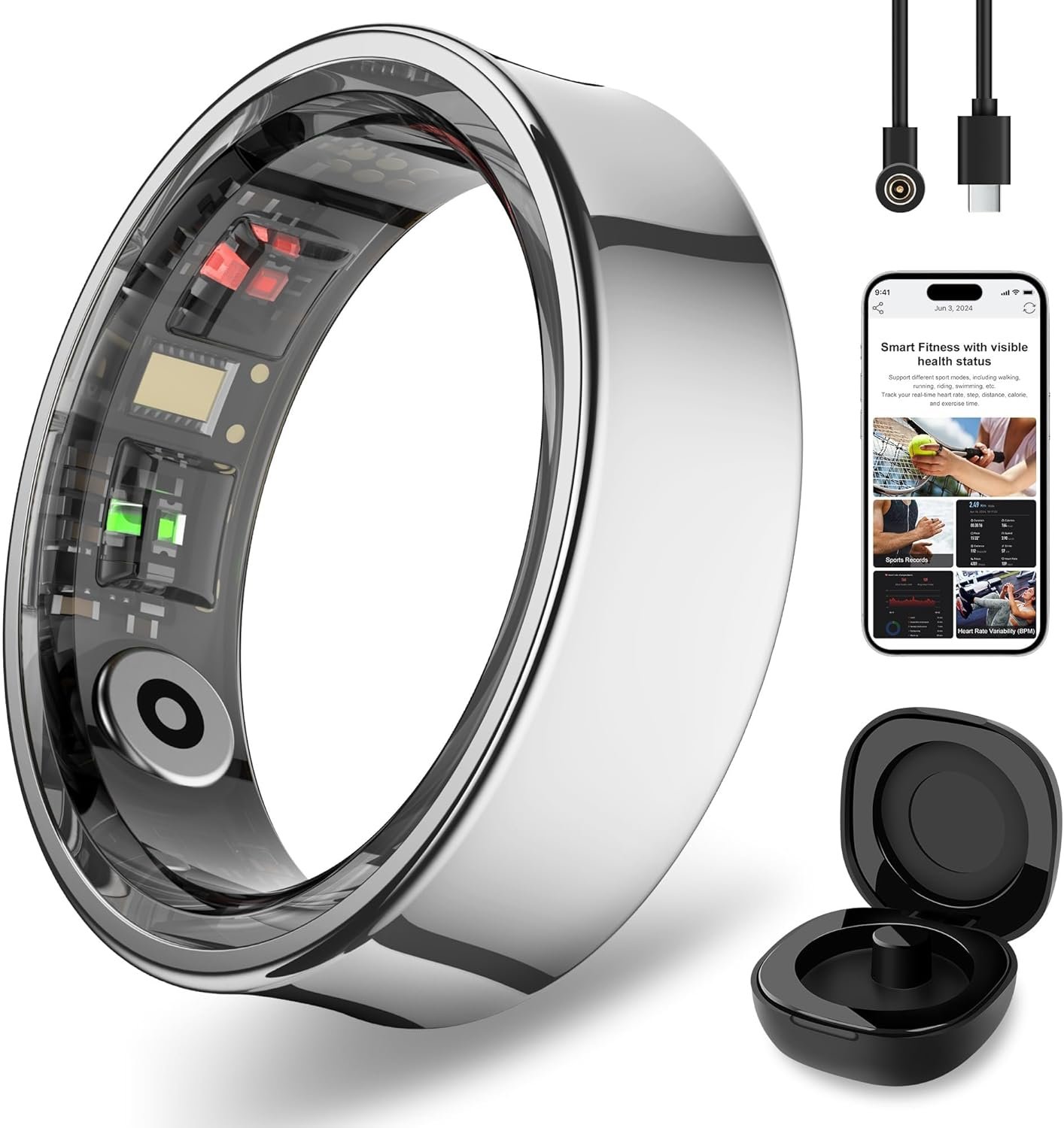 Smart Ring for Men Women, Health & Fitness Tracker with Heart Rate, Sleep Monitor, Step Counter, IP68 Waterproof, Silver #8 - Image 2