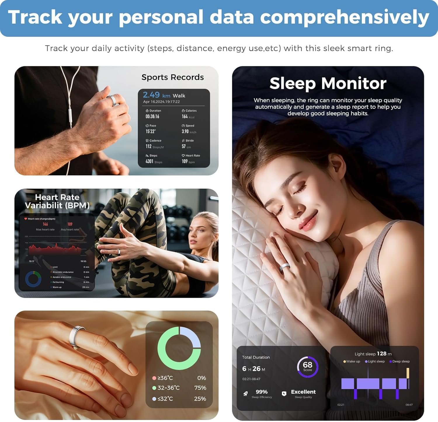 Smart Ring for Men Women, Health & Fitness Tracker with Heart Rate, Sleep Monitor, Step Counter, IP68 Waterproof, Silver #8 - Image 3