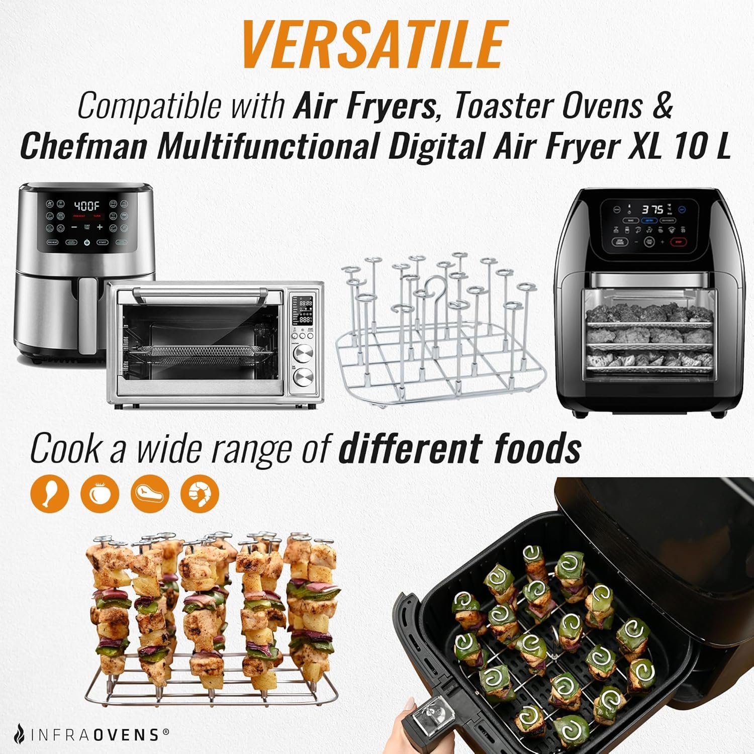INFRAOVENS Air Fryer Rack for Chefman Multifunctional Digital Air Fryer XL 10 L, Stainless Steel Accessories for RJ38-1 Airfryer Skewer Stand and Rib BBQ Rack with Silicone Liner - Image 3
