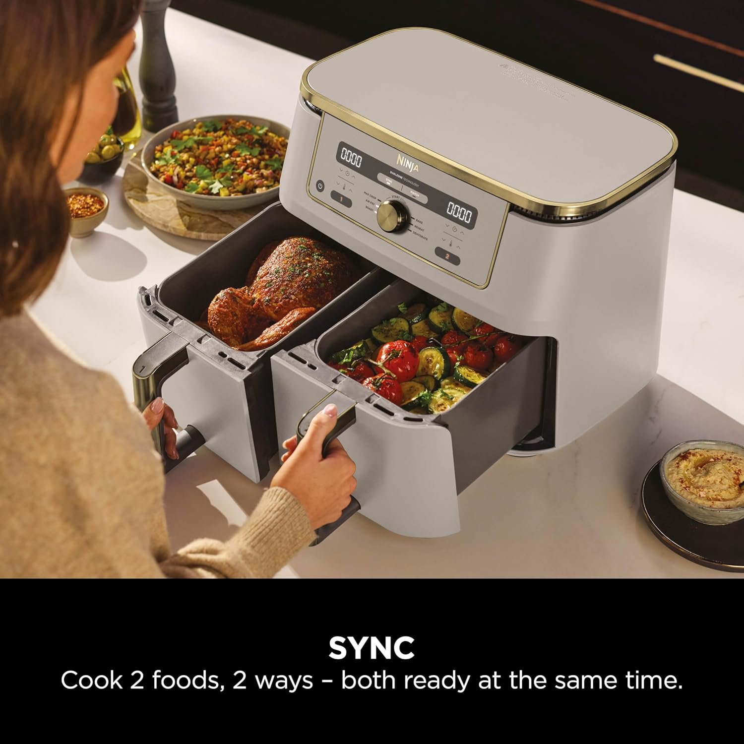 Ninja MAX Dual Zone Digital Air Fryer, 2 Drawers, 9.5L, 6-in-1, Uses No Oil, Air Fry, Max Crisp, Roast, Bake, Reheat, Dehydrate, Non-Stick, Dishwasher Safe Baskets, Stone Gold DZ400UKSTGD - Image 4