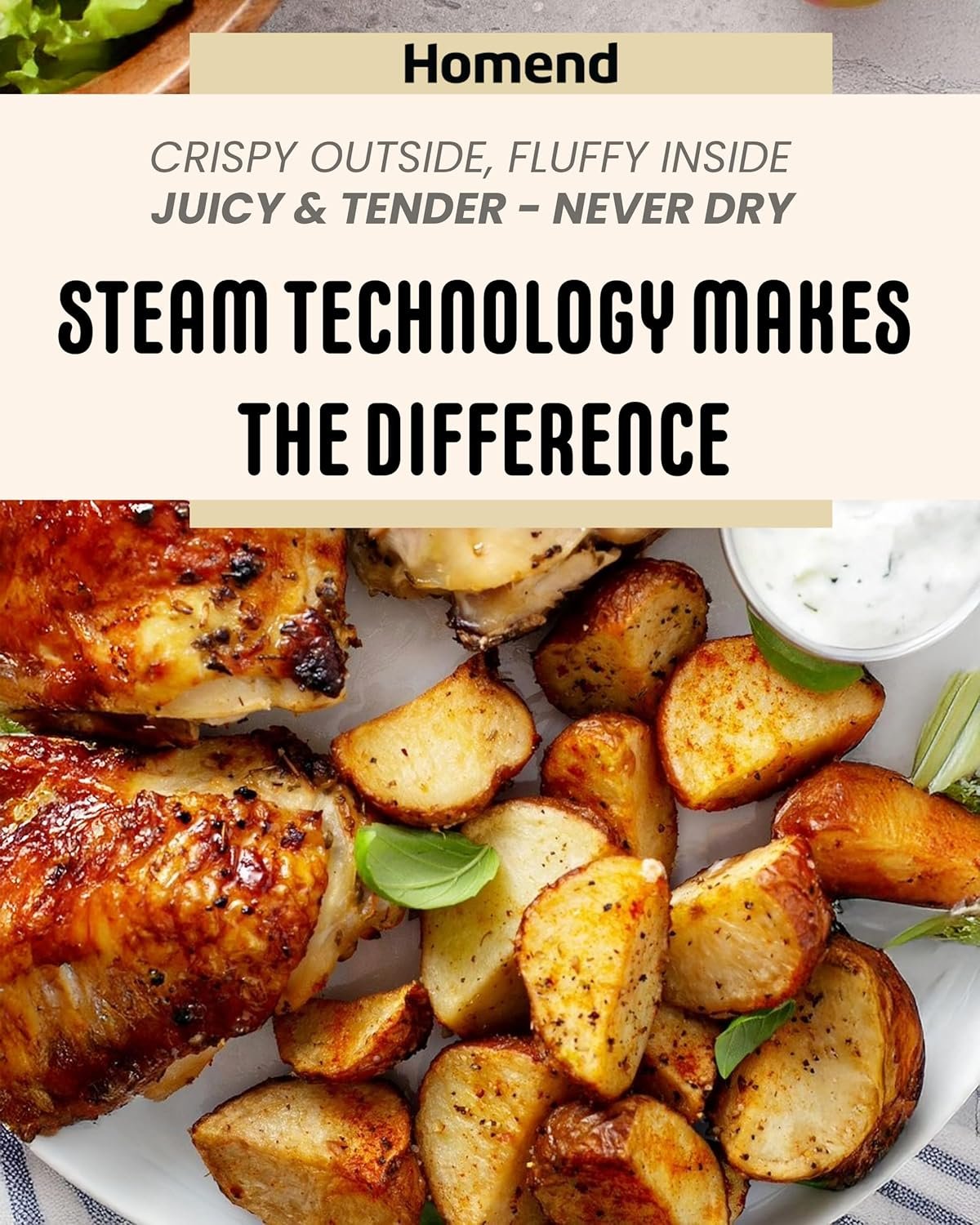 Homend Airfryday 6L Digital Air Fryer Oven with Steam Function & Glass Window, 12-in-1 Dual Heating Cooker for Oil-Free Healthy Cooking, Family Size Electric Airfryer with Touchscreen Presets - Image 6