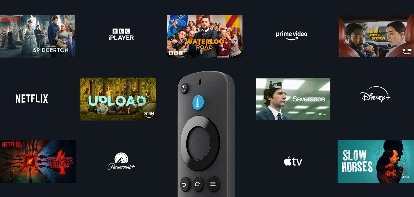 Checkerboard montage of scenes from various programmes with logos from streaming services such as Prime Video, Apple TV and more. The Alexa Voice Remote sits in the centre.