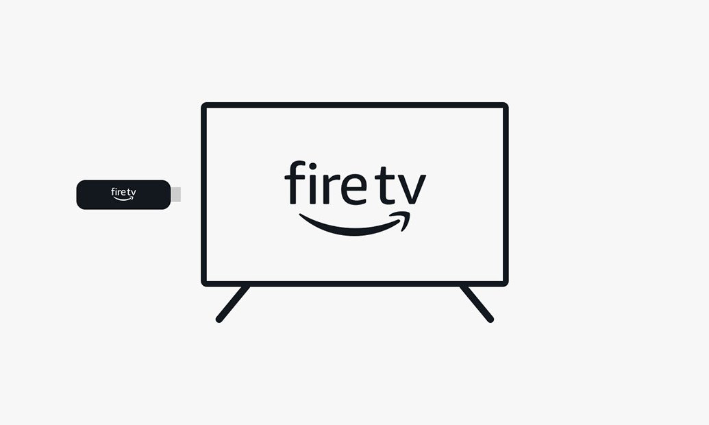 Illustration of a Fire TV Stick: rectangular device with an HDMI connector on one end and a USB-C socket on the side, pointing towards the side of a Fire TV HDTV.