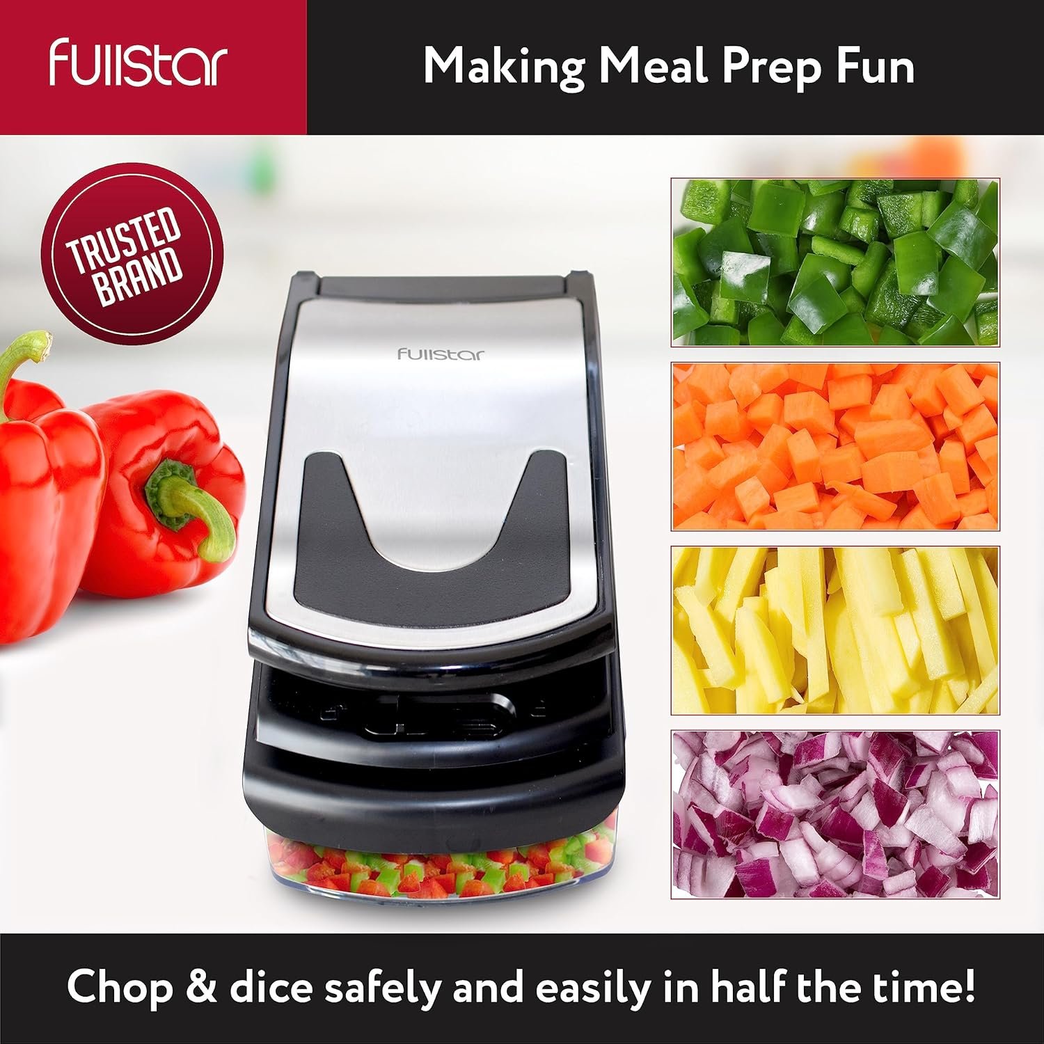 Fullstar Vegetable Chopper Vegetable Cutter - Veggie Onion Salad Food Chopper Manual - Potato Chipper - Veg Chopper and Dicer - Kitchen Tools & Gadgets (4-in-1 White) - Image 54