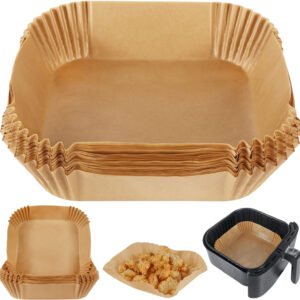 BYKITCHEN Air Fryer Parchment Paper Liner, 50PCS Square Air Fryer Liners Disposable, Greaseproof Paper, Compatible with COSORI, Ninja, Tefal, Russell Hobbs Fryers (Unbleached)