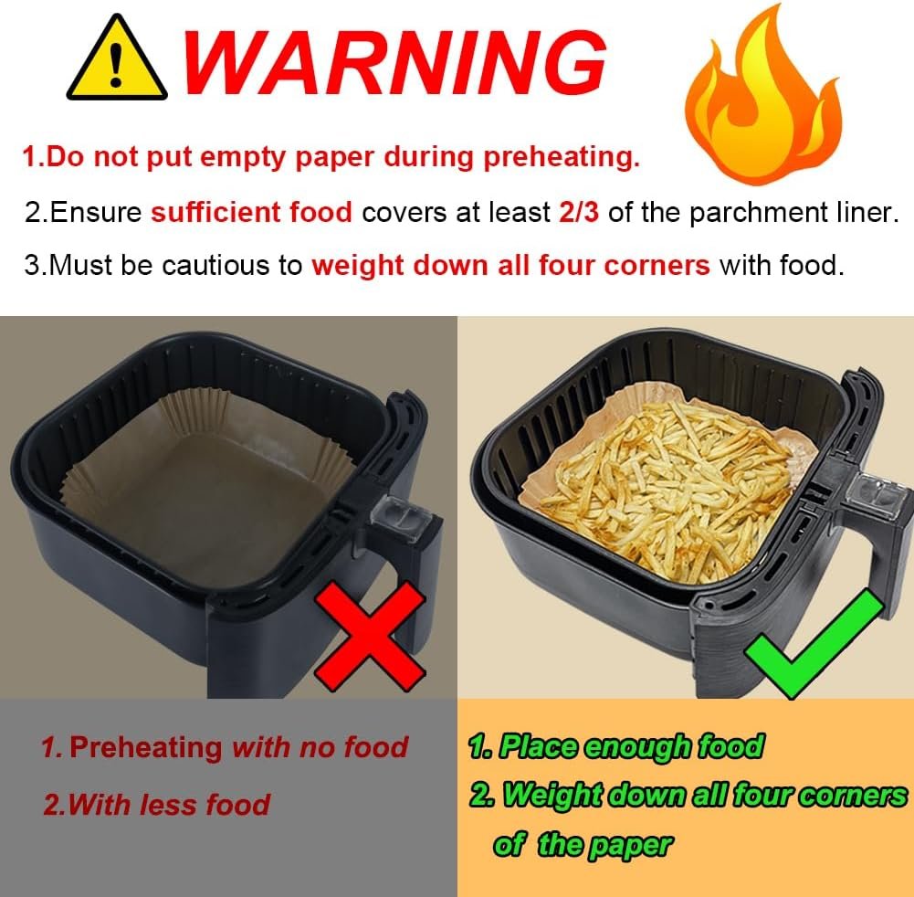 BYKITCHEN Air Fryer Parchment Paper Liner, 50PCS Square Air Fryer Liners Disposable, Greaseproof Paper, Compatible with COSORI, Ninja, Tefal, Russell Hobbs Fryers (Unbleached) - Image 5
