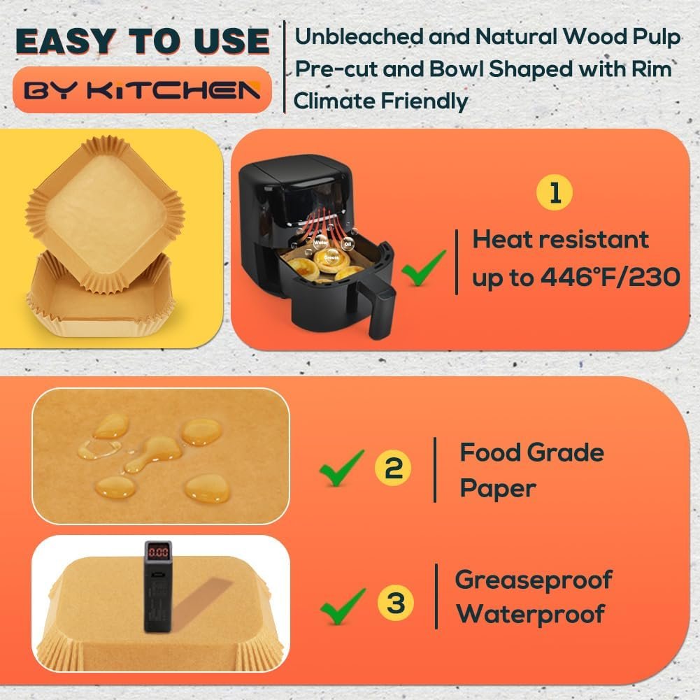 BYKITCHEN Air Fryer Parchment Paper Liner, 50PCS Square Air Fryer Liners Disposable, Greaseproof Paper, Compatible with COSORI, Ninja, Tefal, Russell Hobbs Fryers (Unbleached) - Image 10