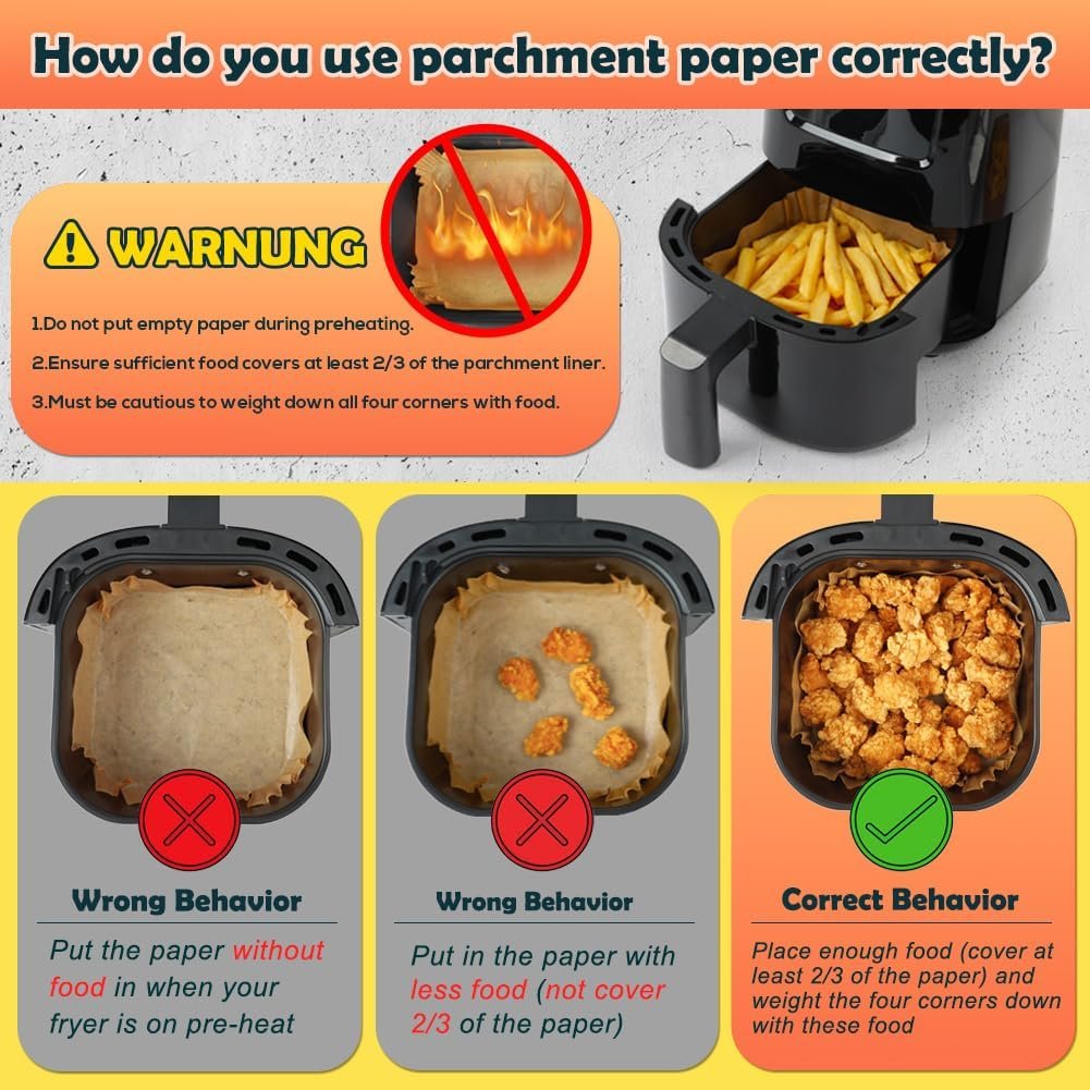 BYKITCHEN Air Fryer Parchment Paper Liner, 50PCS Square Air Fryer Liners Disposable, Greaseproof Paper, Compatible with COSORI, Ninja, Tefal, Russell Hobbs Fryers (Unbleached) - Image 14