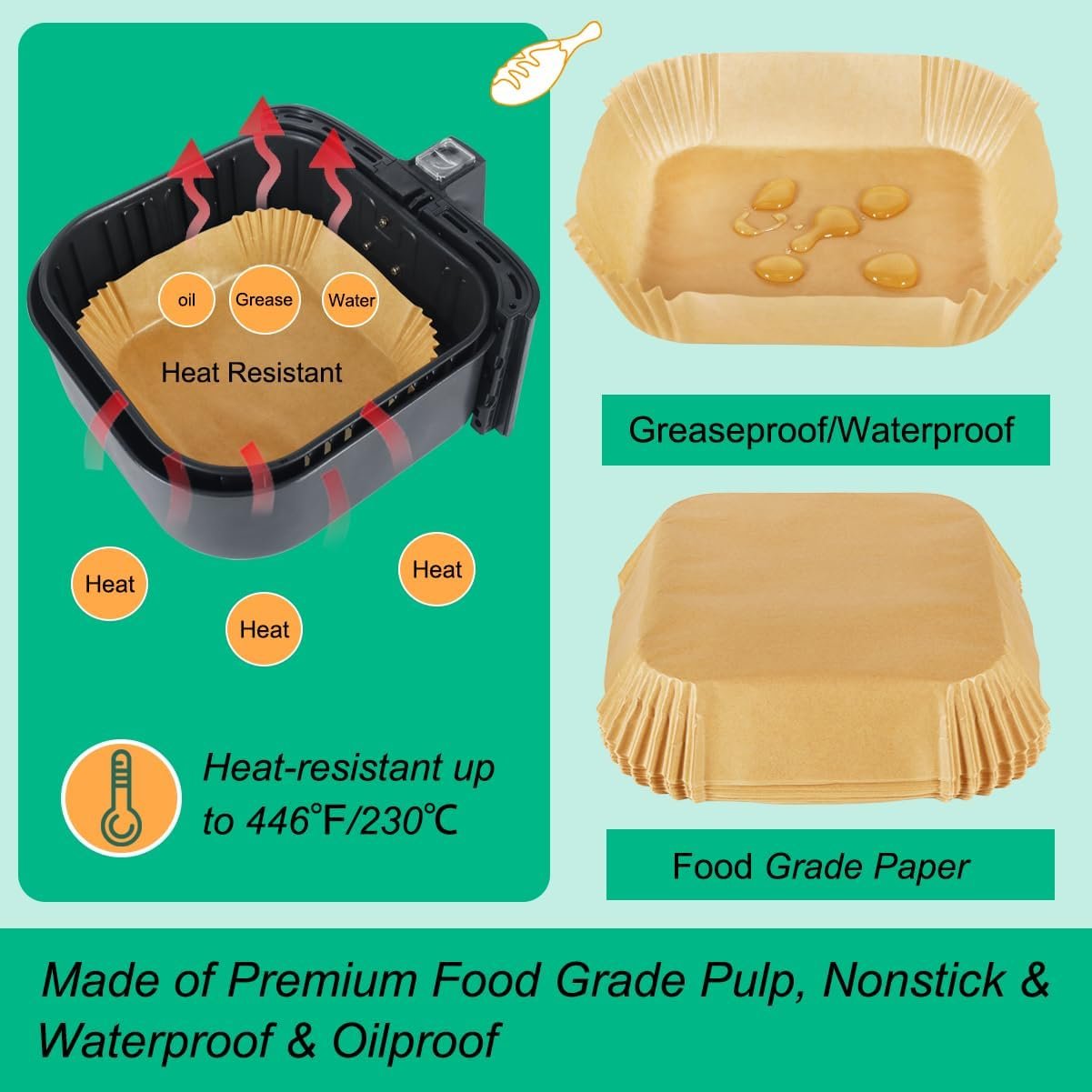 BYKITCHEN Air Fryer Parchment Paper Liner, 50PCS Square Air Fryer Liners Disposable, Greaseproof Paper, Compatible with COSORI, Ninja, Tefal, Russell Hobbs Fryers (Unbleached) - Image 17