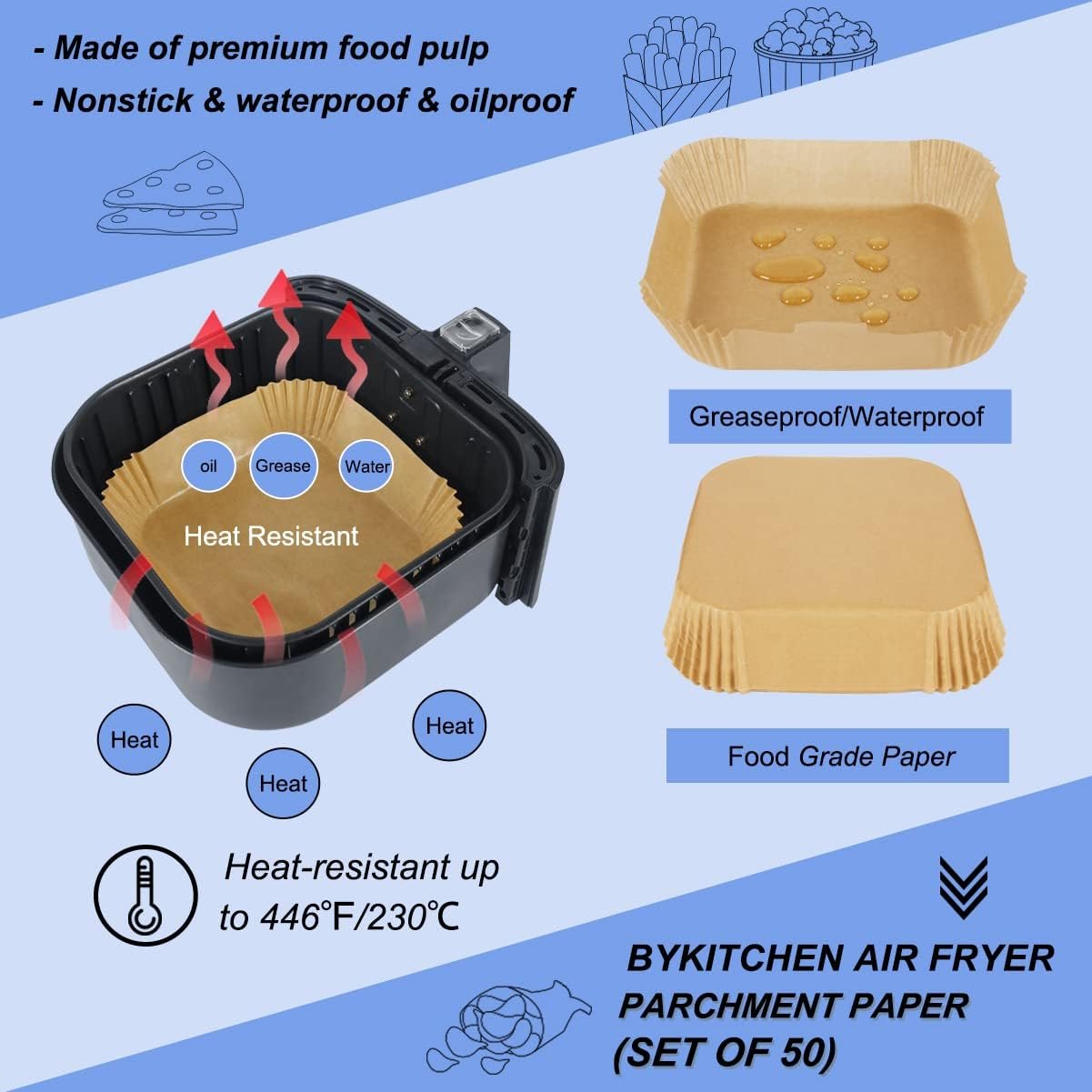 BYKITCHEN Air Fryer Parchment Paper Liner, 50PCS Square Air Fryer Liners Disposable, Greaseproof Paper, Compatible with COSORI, Ninja, Tefal, Russell Hobbs Fryers (Unbleached) - Image 31