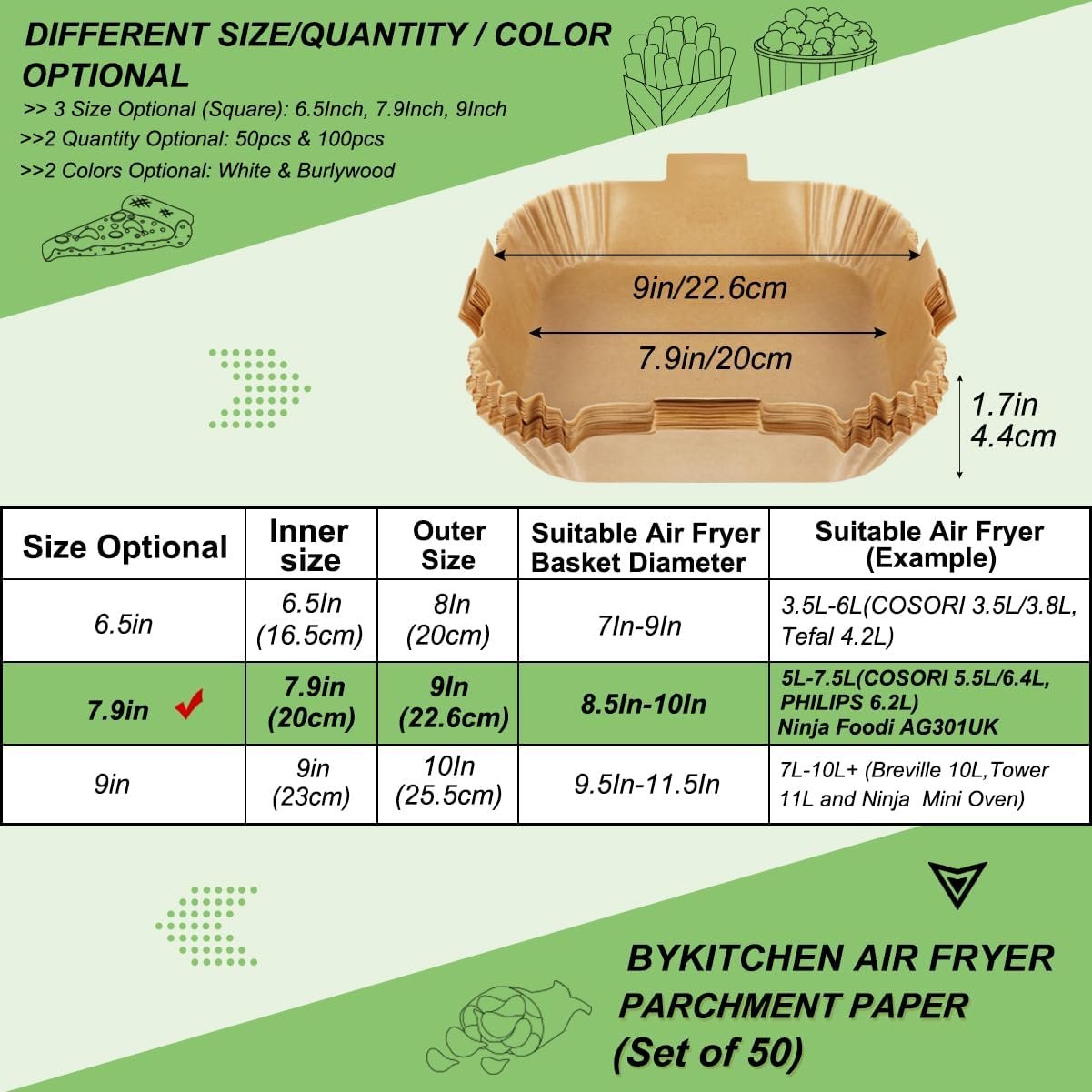 BYKITCHEN Air Fryer Parchment Paper Liner, 50PCS Square Air Fryer Liners Disposable, Greaseproof Paper, Compatible with COSORI, Ninja, Tefal, Russell Hobbs Fryers (Unbleached) - Image 34