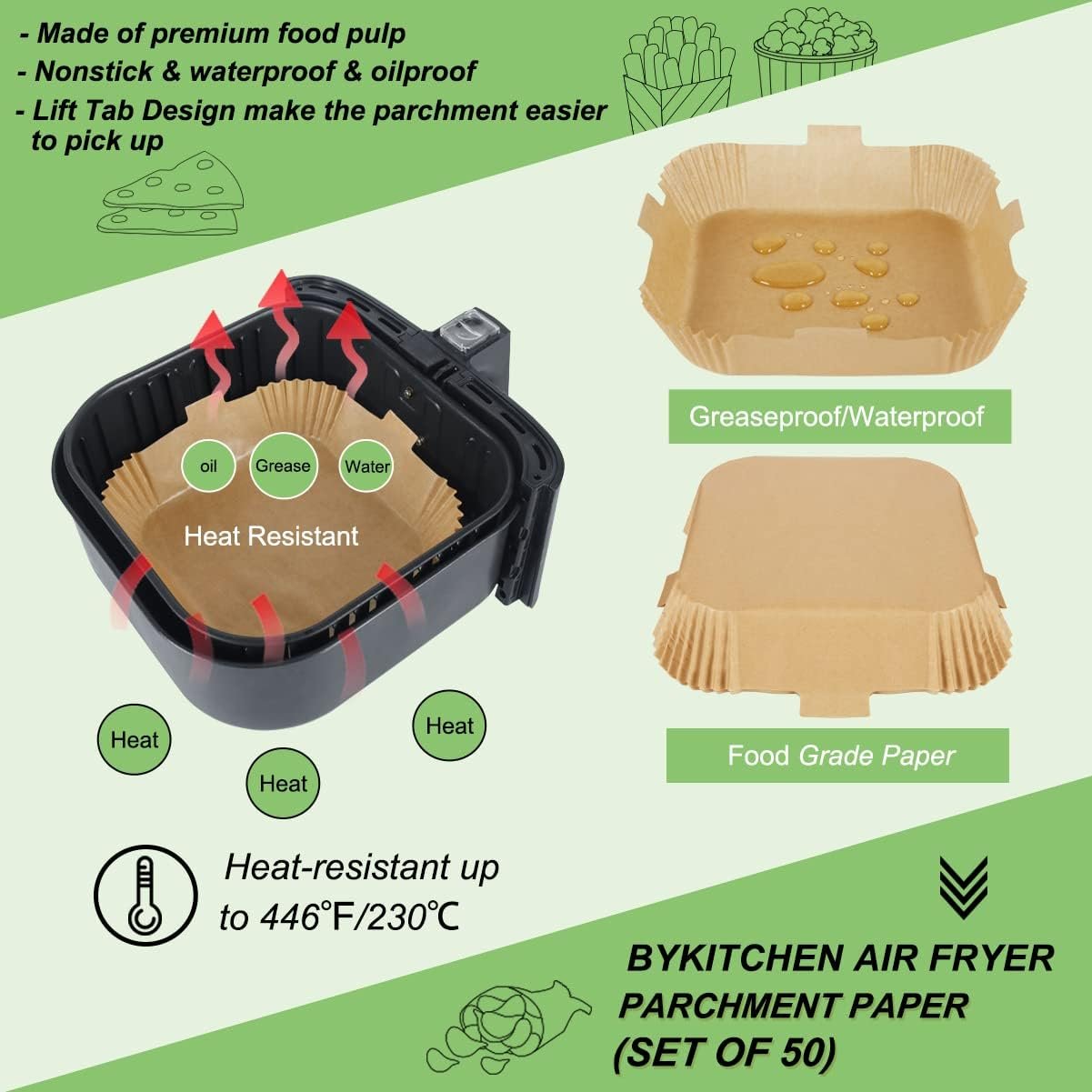 BYKITCHEN Air Fryer Parchment Paper Liner, 50PCS Square Air Fryer Liners Disposable, Greaseproof Paper, Compatible with COSORI, Ninja, Tefal, Russell Hobbs Fryers (Unbleached) - Image 35