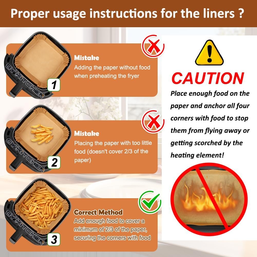 BYKITCHEN Air Fryer Parchment Paper Liner, 50PCS Square Air Fryer Liners Disposable, Greaseproof Paper, Compatible with COSORI, Ninja, Tefal, Russell Hobbs Fryers (Unbleached) - Image 36