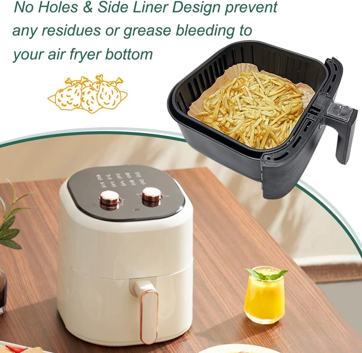 BYKITCHEN Air Fryer Parchment Paper Liner, 50PCS Square Air Fryer Liners Disposable, Greaseproof Paper, Compatible with COSORI, Ninja, Tefal, Russell Hobbs Fryers (Unbleached) - Image 48