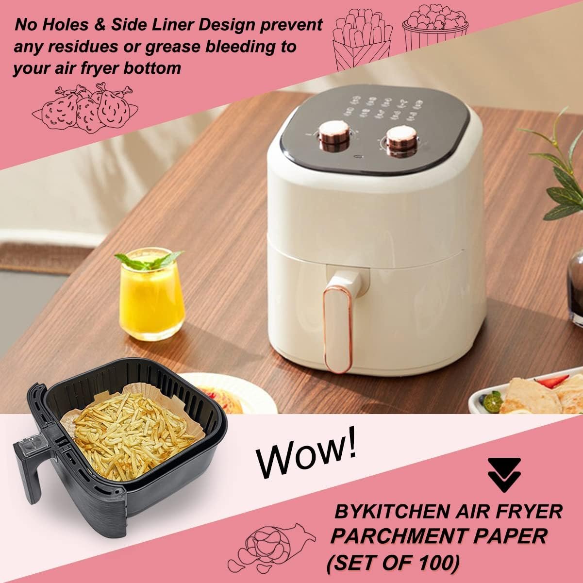 BYKITCHEN Air Fryer Parchment Paper Liner, 50PCS Square Air Fryer Liners Disposable, Greaseproof Paper, Compatible with COSORI, Ninja, Tefal, Russell Hobbs Fryers (Unbleached) - Image 57
