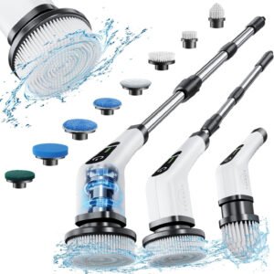 Leebein Electric Spin Scrubber, Cordless Cleaning Brush with 8 Replaceable Brush Heads, Extendable Long Handle Bathroom Cleaning Scrubber, 300/400RPM Spin Scrubber for Bathroom Kitchen Floor Tile