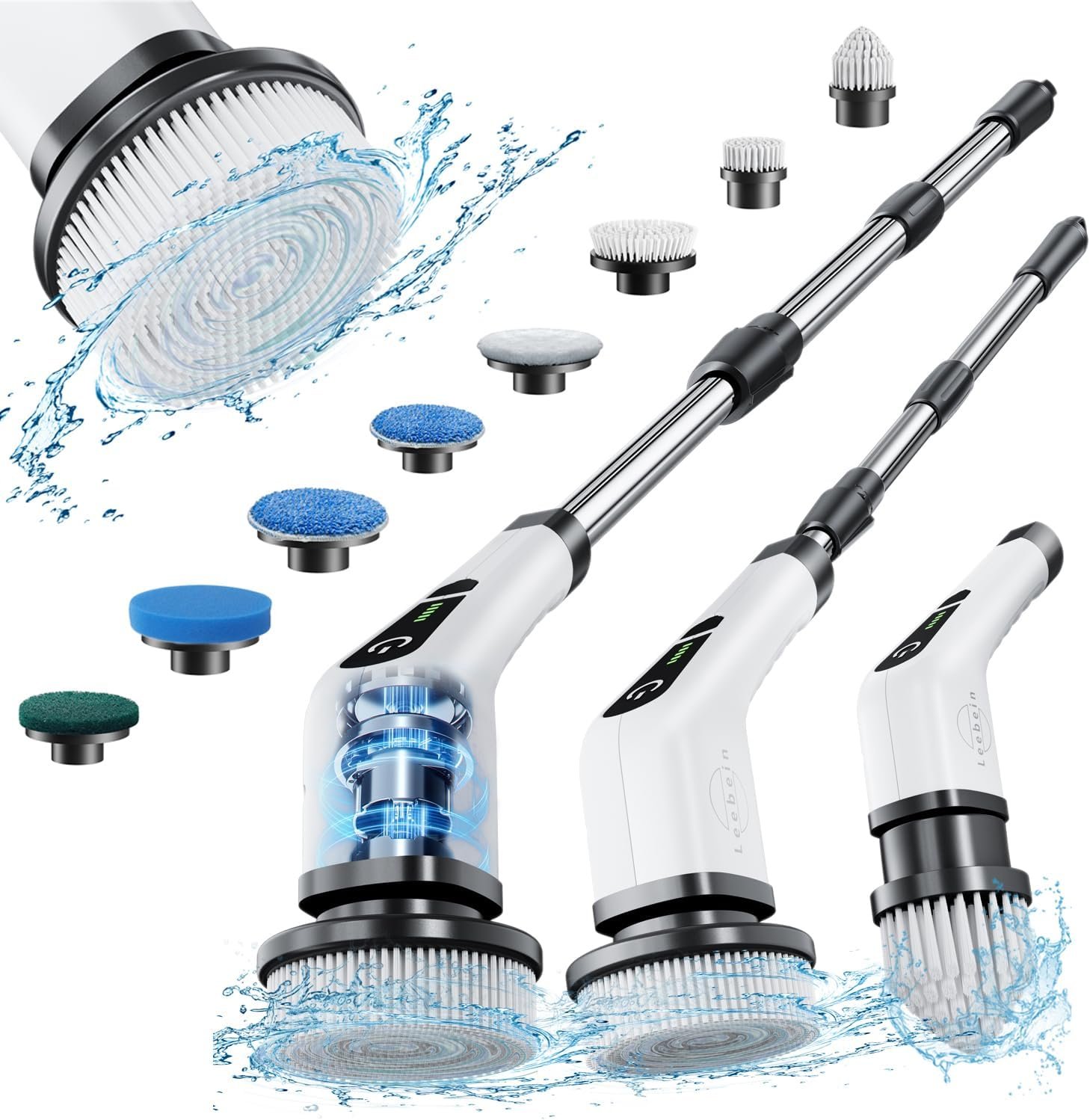Leebein Electric Spin Scrubber, Cordless Cleaning Brush with 8 Replaceable Brush Heads, Extendable Long Handle Bathroom Cleaning Scrubber, 300/400RPM Spin Scrubber for Bathroom Kitchen Floor Tile