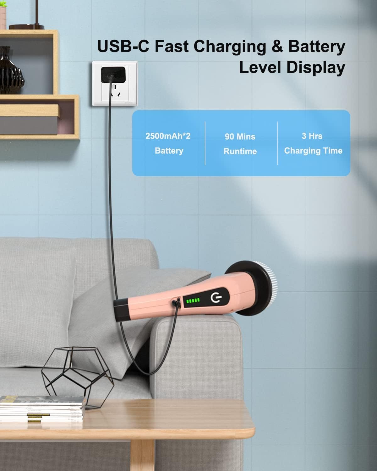 Leebein Electric Spin Scrubber, Cordless Cleaning Brush with 8 Replaceable Brush Heads, Extendable Long Handle Bathroom Cleaning Scrubber, 300/400RPM Spin Scrubber for Bathroom Kitchen Floor Tile - Image 10