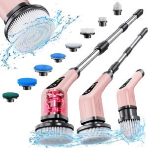 Electric Spin Scrubber, 360 Cordless Powerful Scrub Brush for Cleaning Bathroom, Kitchen, Shower Tub and Floor Tile with Adjustable Extension Long Handle and 8 Replaceable Rotating Brush Heads(Rose)